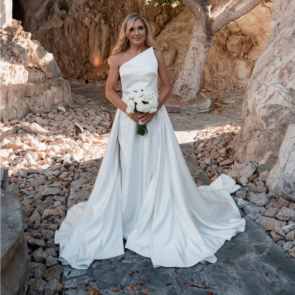 Pronovias White Asymmetrical Pleated Wedding Gown